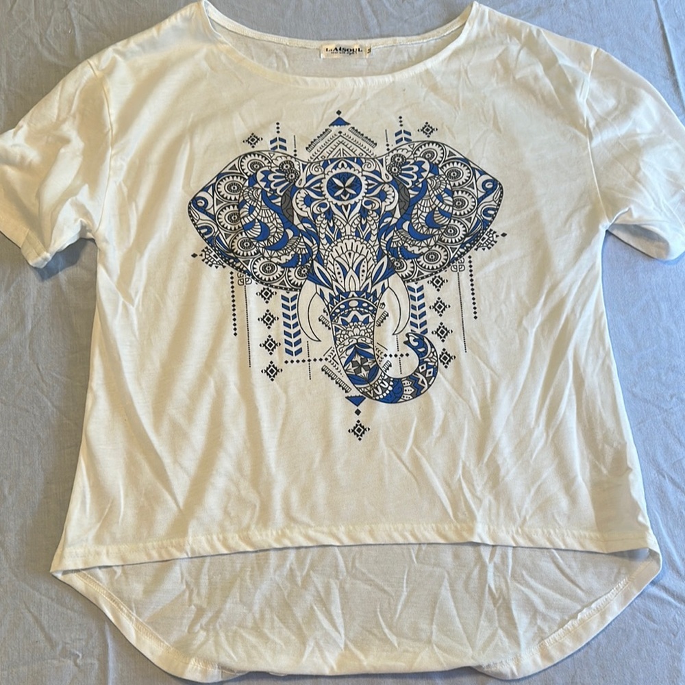 Artistic White and Blue Elephant Graphic Tee